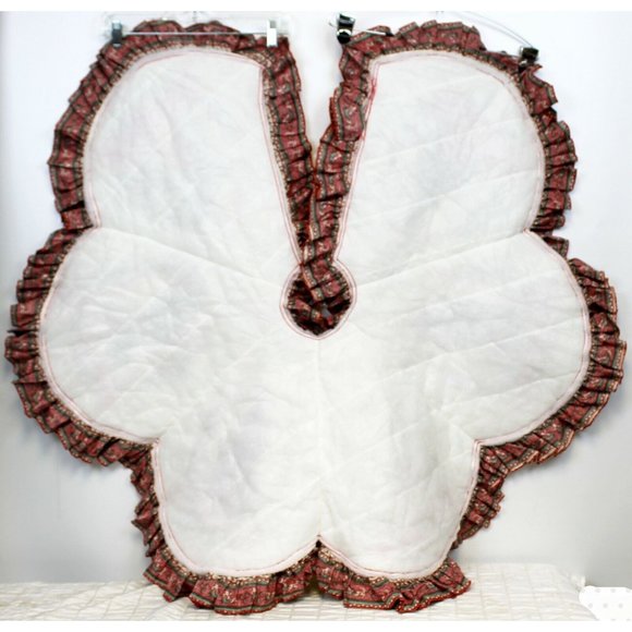 VTG 1980s Handmade Tree Skirt Cheryl Johnson Print Santa Sleigh Reindeer Trim - Picture 8 of 8